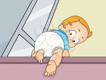Illustration of a Baby Crawling Down the Stairs