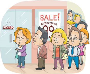 Illustration of a Long Line Outside a Mall Having a Sale