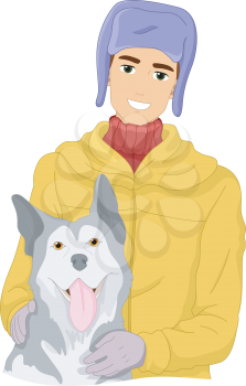 Illustration of a Man Petting His Siberian Husky