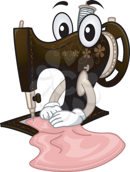 Mascot Illustration of a Vintage Sewing Machine Working on a Piece of Fabric
