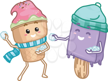 Mascot Illustration of Ice Cream Popsicle and Snow Balls playing ice together