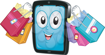 Mascot Illustration of a Tablet/Mobile Phone while carrying Shopping Bags
