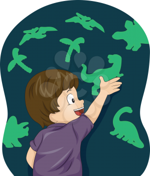 Illustration of a Boy Enjoying the Glow in the Dark Dinosaurs figures