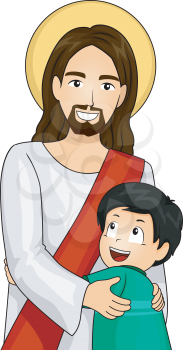 Illustration of Jesus Christ and a Happy Boy giving each other a Hug