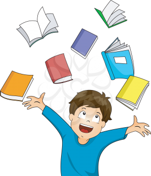 Illustration of a Happy Boy Surrounded with Books
