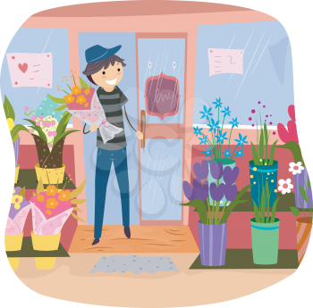 Stickman Illustration of a Man Coming Out of a Flower Shop