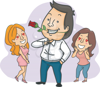 Illustration of a Man with a Rose Admired by Women