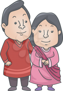 Illustration of an Indian Couple Wearing a Traditional Kurta and Sareeh Outfit
