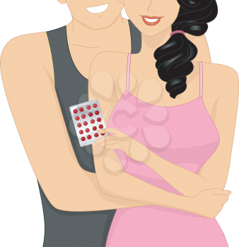 Illustration of a Woman holding Contraceptive Pills with her Lover
