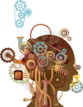 Steampunk Illustration of the Brain of a Man Designed with Cogs and Gears