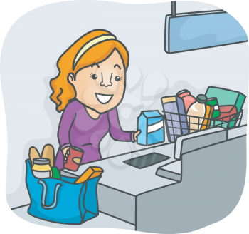 Illustration of a Girl Using the Self Check Out Section of a Grocery
