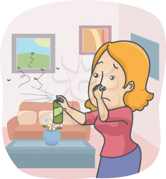 Illustration of a Woman Spraying Insecticide All Over Her Home