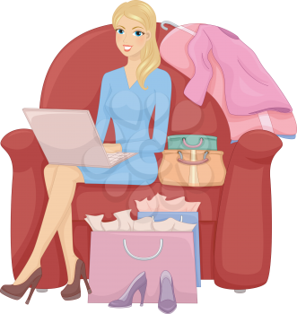 Illustration of a Girl Browsing the Internet for Shopping Deals