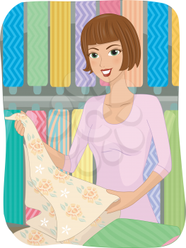 Illustration of a Girl Choosing Cloths in a Textile Store