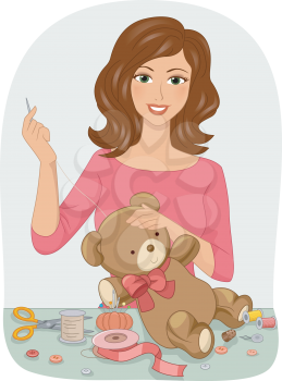 Illustration of a Girl Stitching Up a Stuffed Toy