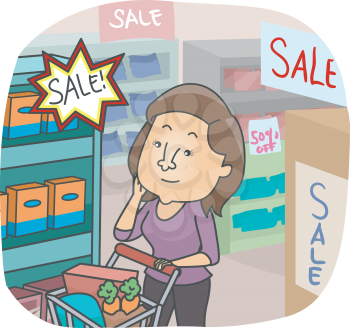 Illustration of a Girl Choosing Among the Items on Sale in a Grocery