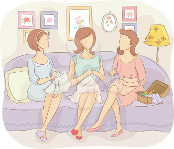 Illustration of a Group of Girls in Vintage Clothing Sewing Clothes Together
