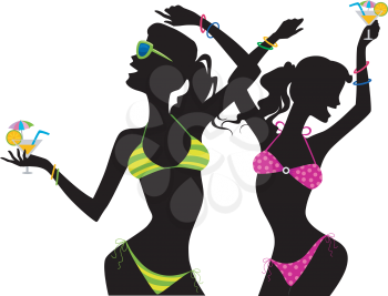 Illustration of the Silhouette of Girls in Bikini Drinking Cocktails