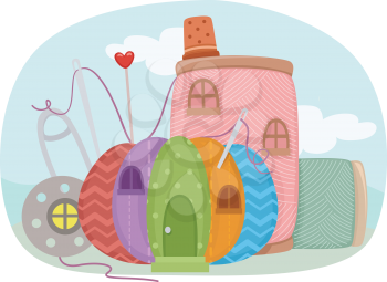 Illustration Featuring a Colorful House Shaped Sewing Kit