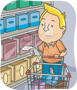 Illustration of a Man Checking Out his Grocery List