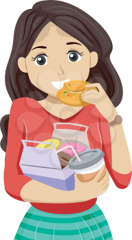 Illustration of a Teenage Girl Eating Donuts