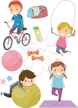 Stickman Illustration Featuring Kids Surrounded with Fitness Related Items