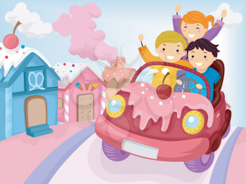 Stickman Illustration of Kids Driving Around a Town Covered with Candy