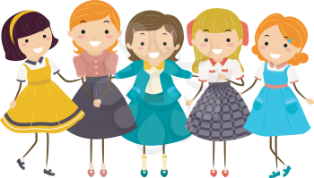 Stickman Illustration of Little Girls Wearing Vintage Clothing