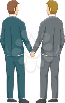 Back View Illustration of a Male Same Sex Couple Holding Hands After Getting Married