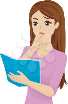 Illustration of a Confused Teenage Girl Reading a Book