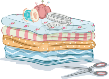 Illustration of Sewing Materials Sitting on Top of a Pile of Fabric