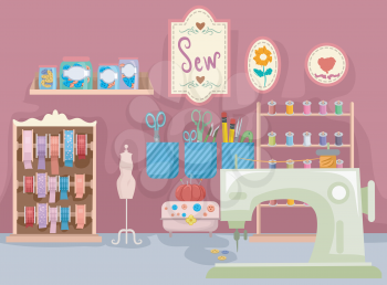 Illustration Featuring a Room Full of Sewing Materials