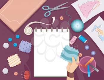 Illustration Featuring a Sketch Pad Surrounded by Swatches of Fabric