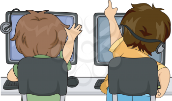 Illustration of Little Boys Playing a Computer Game