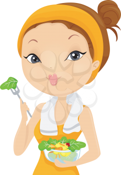 Illustration of a Woman Eating Salad After Working Out
