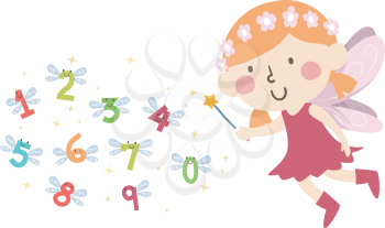 Illustration of a Kid Girl Fairy and Holding a Wand with Numbers with Wings