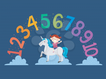 Illustration of a Kid Girl Waving and Riding a White Unicorn Under a Rainbow Color and Shape Numbers
