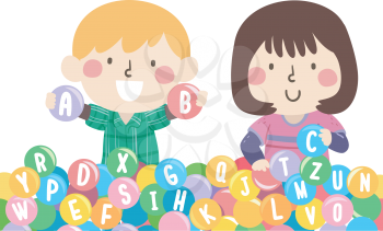 Illustration of Kids Holding Balls with the Alphabet Inside a Ball Pit