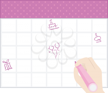 Illustration of a Hand Drawing Gift, Cake, Candle, Balloons and Cupcake Doodles on Blank Calendar Template