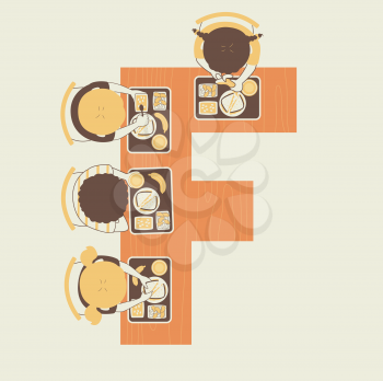 Illustration of Kids Students Eating Nutritious Food at a School Canteen with Letter F