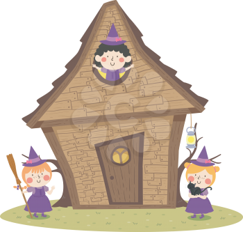 Illustration of Kids Girls Witch and Their House