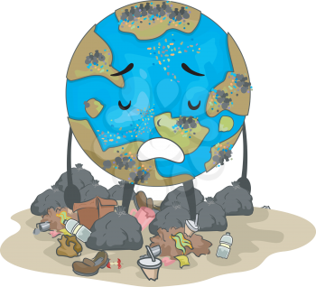 Illustration of a Sad Earth Mascot Standing Among Garbage Bags and Other Garbage