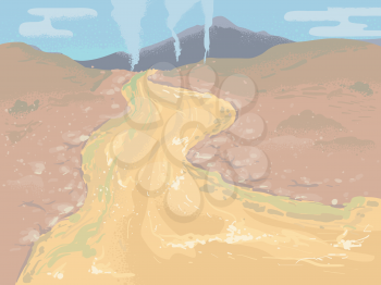 Illustration of a River Contamination with Water Turning Yellow and Green