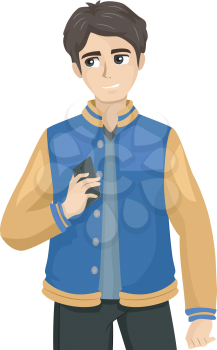 Illustration of a Teenage Guy Looking Around and Holding His Mobile Phone