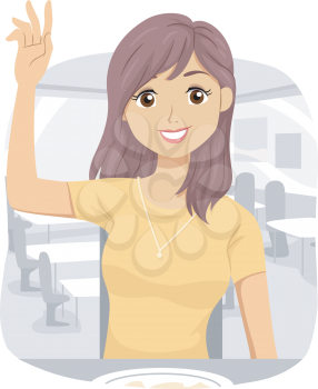Illustration of a Teenage Girl in a Restaurant Raising Her Hand Up After Her Meal for Bill