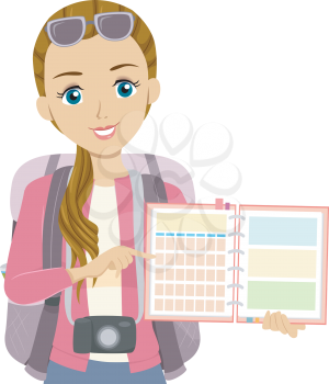 Illustration of a Teenage Girl Carrying a Backpack and Camera and Pointing to her Calendar