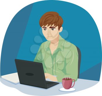 Illustration of a Teenage Guy Working Late at Night with His Laptop and a Cup of Coffee