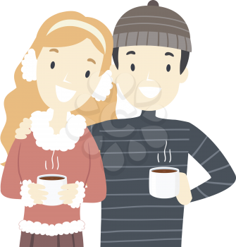 Illustration of a Couple Holding Mugs of Hot Chocolate During Christmas