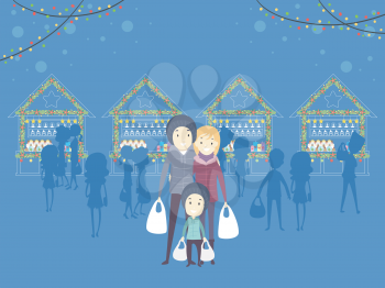 Illustration of a Family with Shopping Bags in a Christmas Market