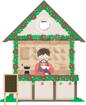 Illustration of a Man Selling Coffee in a Stall in a Christmas Market